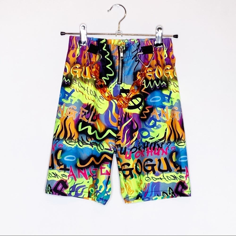 GoGuy multicolor graffiti graphic print chain waist bike shorts size Small